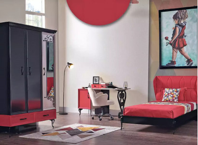 Kids' bedroom red black classic complete room wardrobe bed